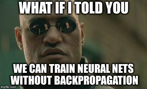 Random ML 1 Cover, Train DNN without backpropagation. Source: Forgotten, sorry.